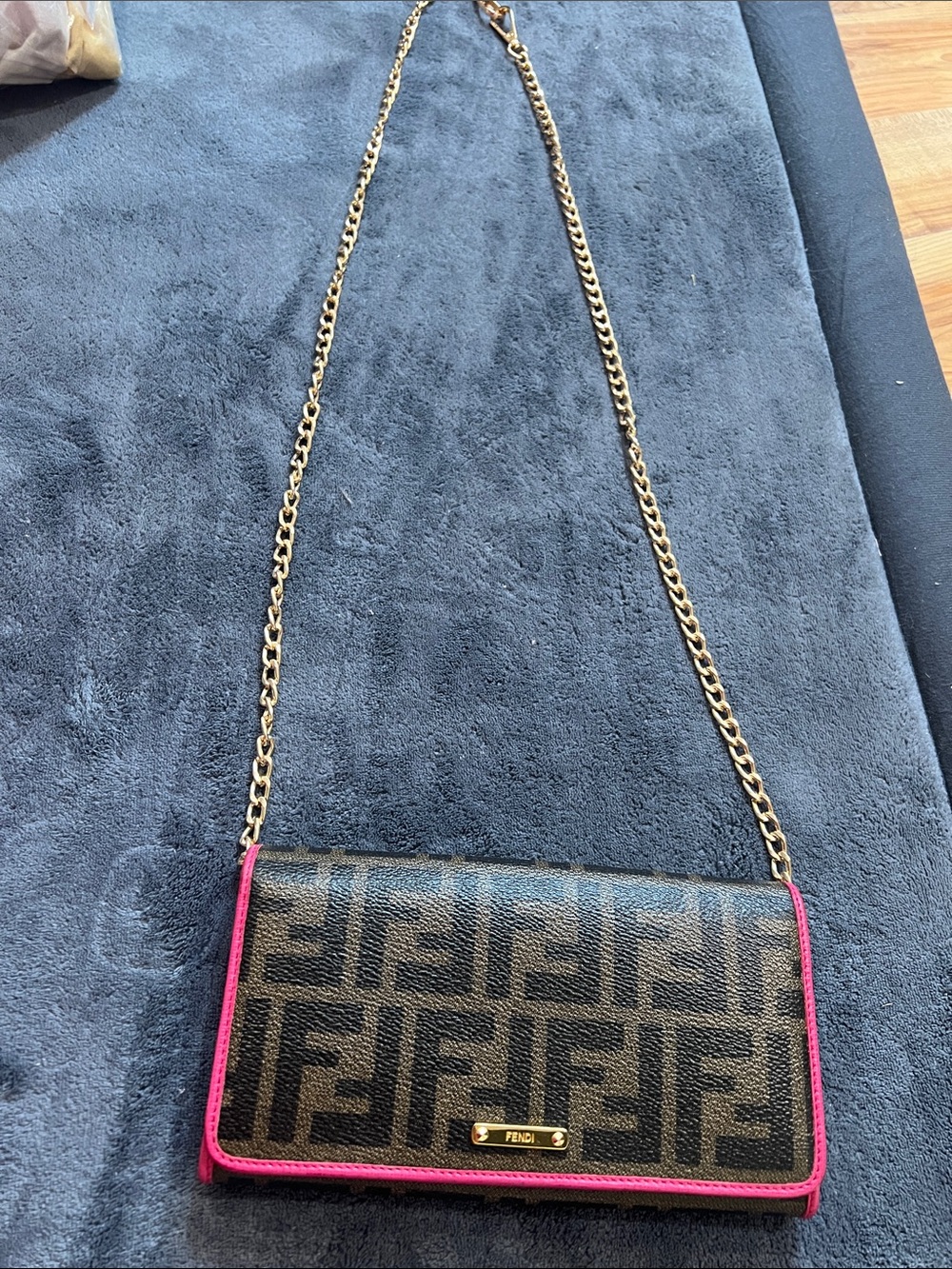 Fendi Brown FF Logo Continental Wallet with Pink Trim and Gold Plaque